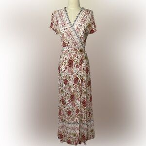 Boho Floral Wrap Dress Short Sleeve V Neck Split Summer Dress